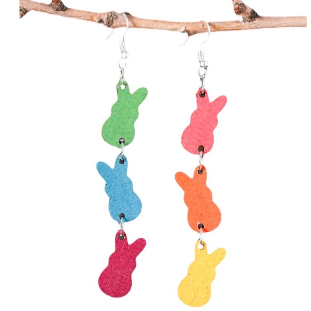 NWT Wooden Three Rabbit Water Dangle Bunny Shape Drop Earrings for Easter